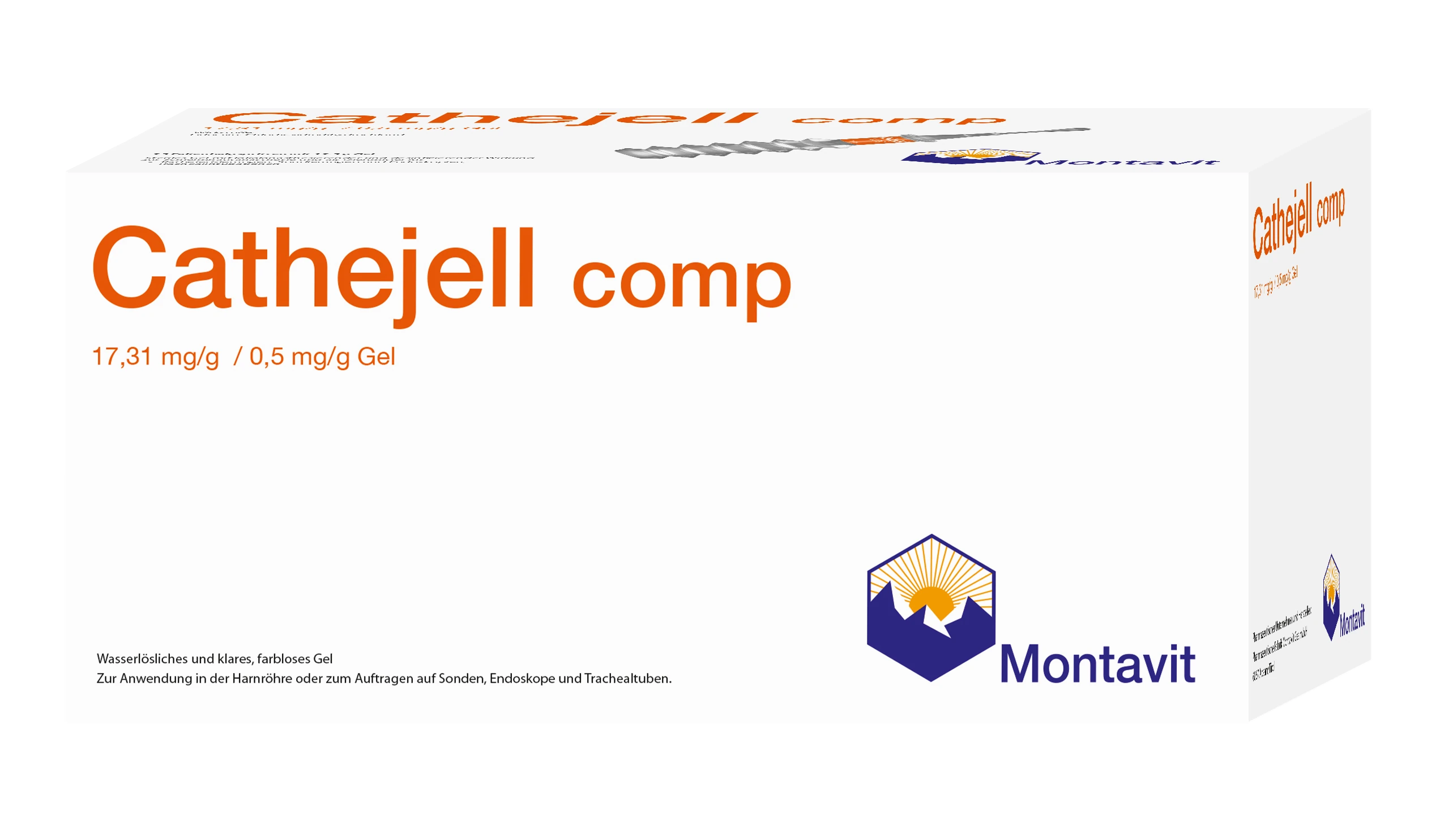 Eine weiße Schachtel mit der Aufschrift Cathejell comp 17,31 mg/g / 0,5 mg/g Gel in orangefarbener und grauer Schrift, mit dem Montavit-Logo, für den medizinischen oder pharmazeutischen Gebrauch. Eine weiße Schachtel mit der Aufschrift Cathejell comp 17,31 mg/g / 0,5 mg/g Gel in orangefarbener und grauer Schrift, mit dem Montavit-Logo, für den medizinischen oder pharmazeutischen Gebrauch.