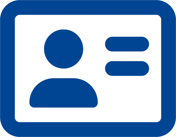 Blaues Symbol einer Identifikationskarte mit einer Benutzersilhouette auf der linken Seite und zwei horizontalen Linien, die Text darstellen, auf der rechten Seite, alles innerhalb eines abgerundeten Rechteckrahmens. Blaues Symbol einer Identifikationskarte mit einer Benutzersilhouette auf der linken Seite und zwei horizontalen Linien, die Text darstellen, auf der rechten Seite, alles innerhalb eines abgerundeten Rechteckrahmens.